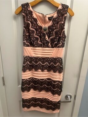 Chaya Cream and Black Lace-Trim Knee Dress with Brooch Detail, 6